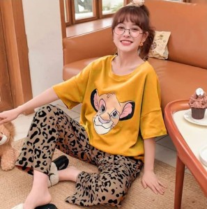 Lion Printed Half Sleeves Night Dress by Hk Outfits