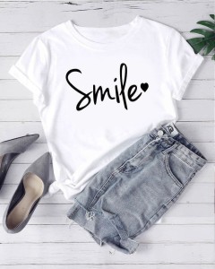 White T Shirt For Girls new and stylish design smile Print Summer Wear Round Neck Half Sleeves Shirt