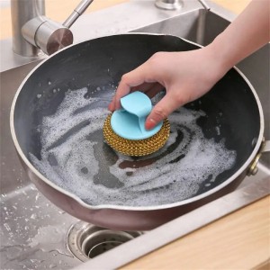Wire Ball Brush With Long Handle Pan Cleaning Brush Dish Handle Washing Brush Stainless Steel Wire Ball Kitchen Cleaner