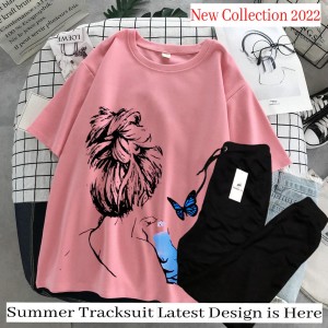 Women Art Design Summer Pink T-shirt & Black Trouser Tracksuit