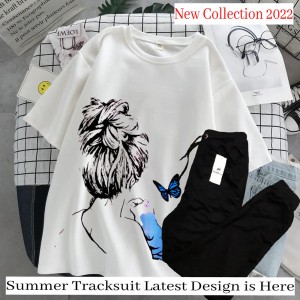 Women Art Design Summer White T-shirt & Black Trouser Tracksuit