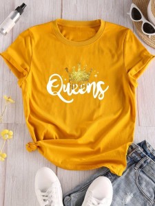 Women's Queen Letter Print T-Shirt, Casual Crew Neck Short Sleeve