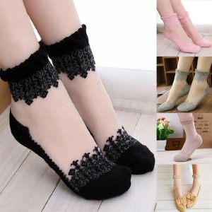Women Thin Sock Transparent Beautiful Crystal Lace Elastic Socks 1 Pair Of Thin Section Casual Style Patchwork Sock