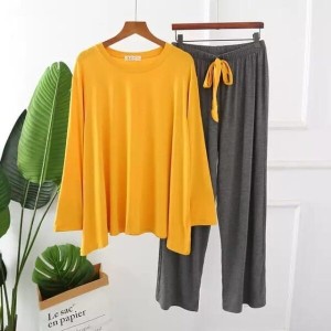 Yellow Lose Style Plain Shirt With Grey Plain Trouser Full Sleeves Home Wear