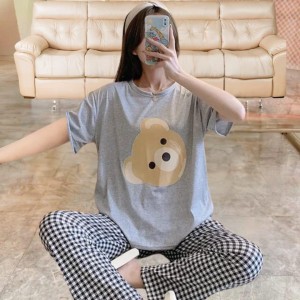 Grey Micky Half Sleeves Tshirt and Check Trouser For Her