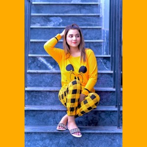 Yellow Mickey Mouse Print Full Sleeves Night Suit for Her