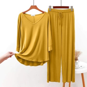 Yellow V Neck with Plazao Full  Sleeves Home Wear