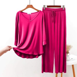 Shocking Pink V Neck with Plazao Full Sleeves Home Wear