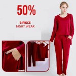 Plain Wine Red Three Pcs Full Sleeves Night Suit for her