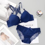 Front Open Butterfly Back Push Up Bra and Panty Set (Blue)